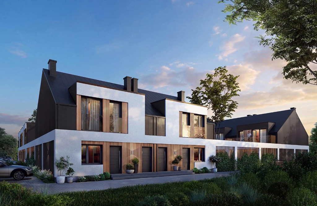 Green Park – elewacja frontowa segmentu bliźniaczego, wieczorna wizualizacja