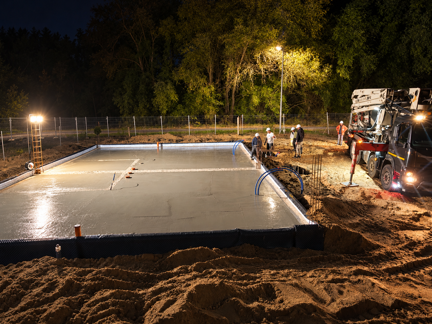 Wieczorne betonowanie przy świetle lamp, ekipa w białych kaskach i betonowóz — Green Park w Słubicach